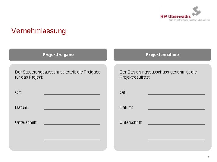 Vernehmlassung Projektfreigabe Projektabnahme Der Steuerungsausschuss erteilt die Freigabe für das Projekt: Der Steuerungsausschuss genehmigt