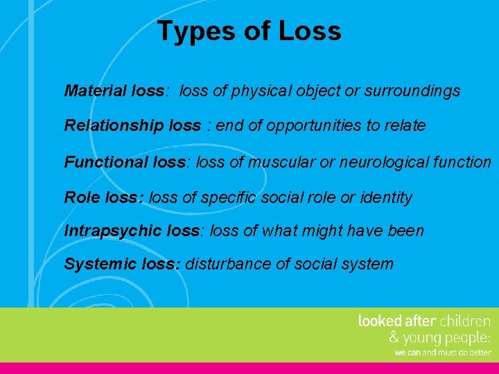 Types of Loss Material loss: loss of physical object or surroundings Relationship loss :