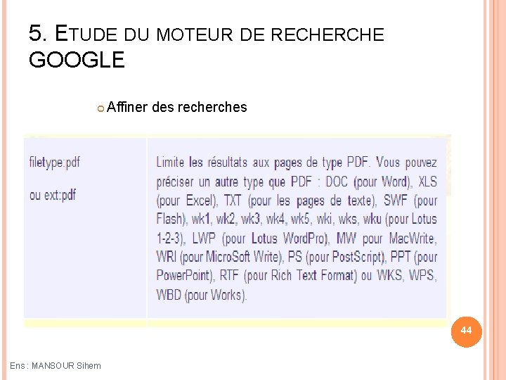 5. ETUDE DU MOTEUR DE RECHERCHE GOOGLE Affiner des recherches 44 Ens : MANSOUR