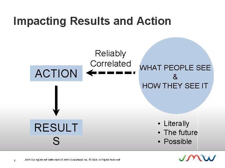 Impacting Results and Action ACTION Reliably Correlated WHAT PEOPLE SEE RESULT S 2 JMW