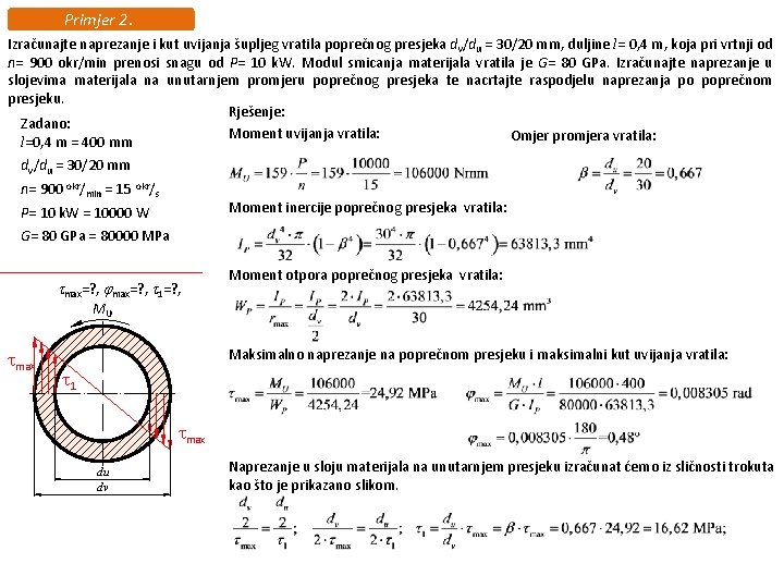 Primjer 2. Izračunajte naprezanje i kut uvijanja šupljeg vratila poprečnog presjeka dv/du = 30/20