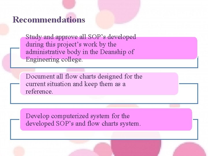 Recommendations Study and approve all SOP’s developed during this project’s work by the administrative