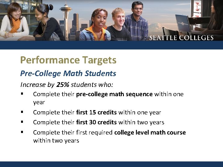 Performance Targets Pre-College Math Students Increase by 25% students who: § § Complete their