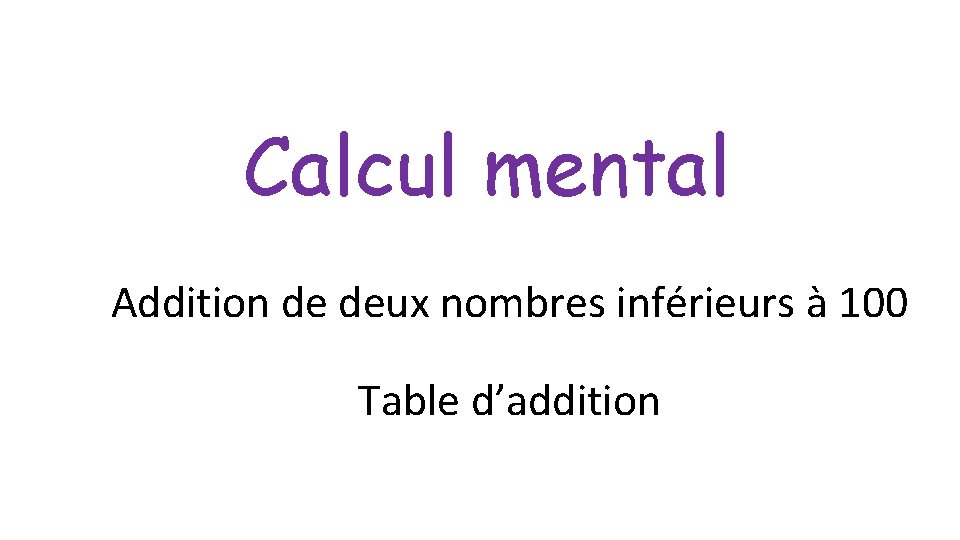 Calcul mental Addition de deux nombres inférieurs à 100 Table d’addition 