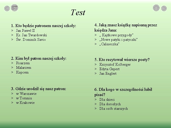 Test 1. Kto będzie patronem naszej szkoły: > Jan Paweł II > Ks. Jan