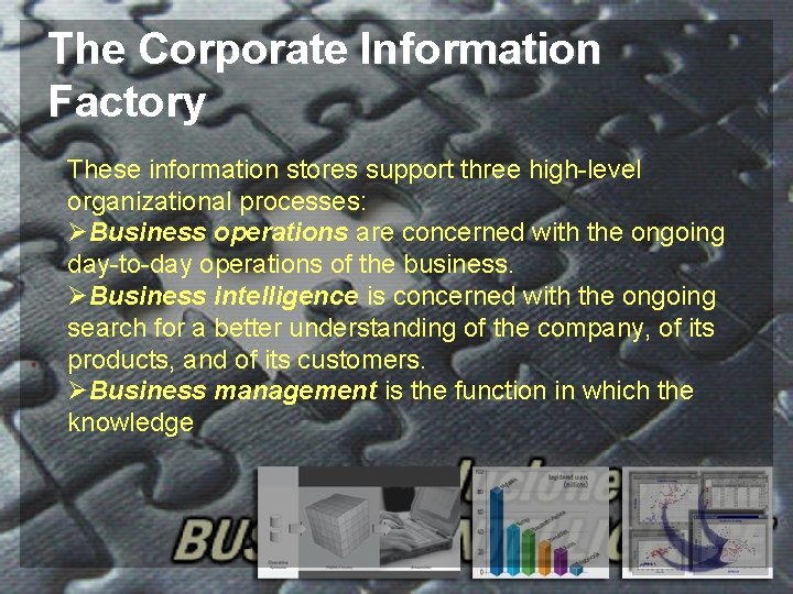 The Corporate Information Factory These information stores support three high-level organizational processes: ØBusiness operations