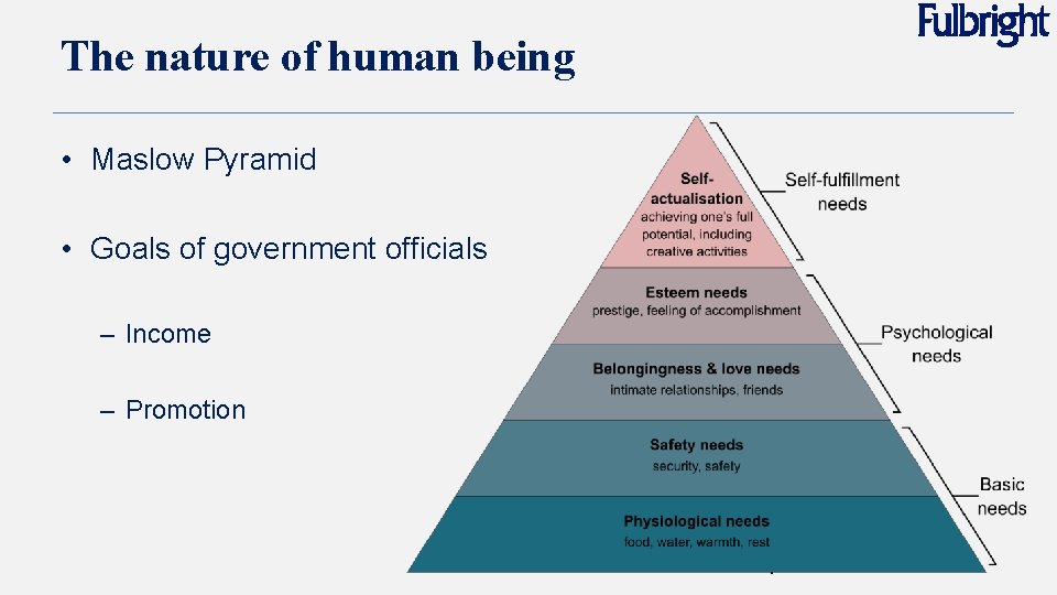 The nature of human being • Maslow Pyramid • Goals of government officials –