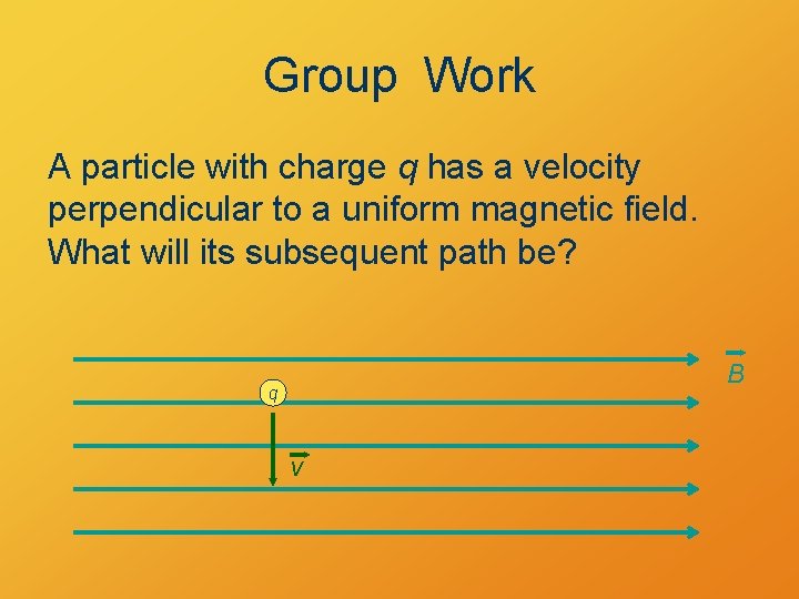 Group Work A particle with charge q has a velocity perpendicular to a uniform