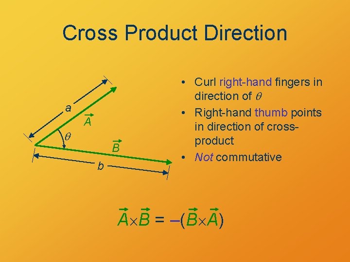 Cross Product Direction a q A B b • Curl right-hand fingers in direction