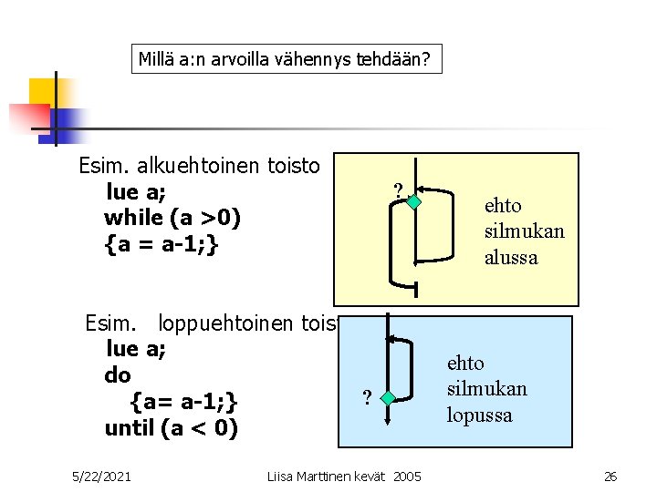 Millä a: n arvoilla vähennys tehdään? Esim. alkuehtoinen toisto lue a; while (a >0) Millä a: n arvoilla vähennys tehdään? Esim. alkuehtoinen toisto lue a; while (a >0)