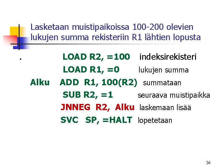 Lasketaan muistipaikoissa 100 -200 olevien lukujen summa rekisteriin R 1 lähtien lopusta . Alku Lasketaan muistipaikoissa 100 -200 olevien lukujen summa rekisteriin R 1 lähtien lopusta . Alku
