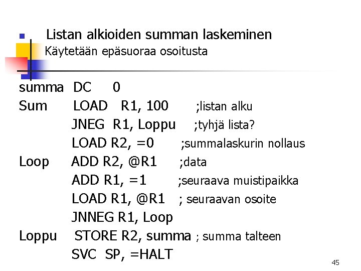 n Listan alkioiden summan laskeminen Käytetään epäsuoraa osoitusta summa DC 0 Sum LOAD R n Listan alkioiden summan laskeminen Käytetään epäsuoraa osoitusta summa DC 0 Sum LOAD R