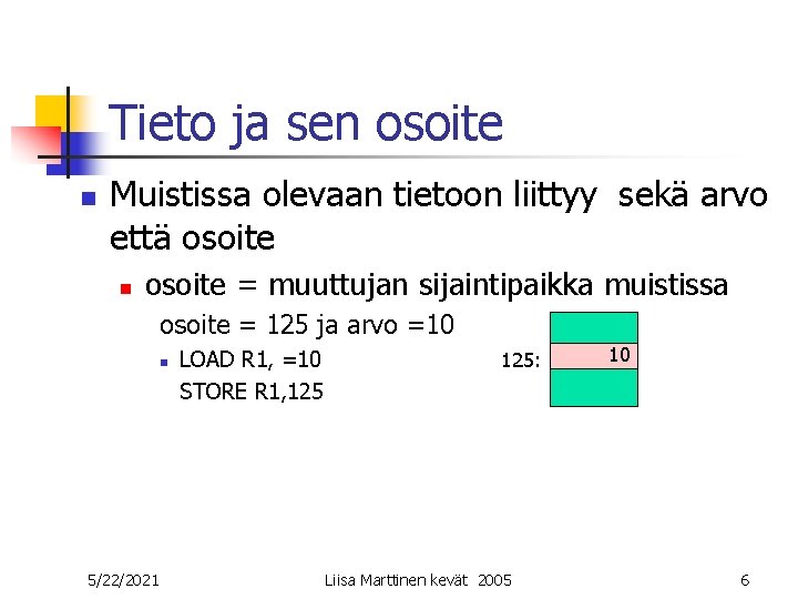 Tieto ja sen osoite n Muistissa olevaan tietoon liittyy sekä arvo että osoite n Tieto ja sen osoite n Muistissa olevaan tietoon liittyy sekä arvo että osoite n