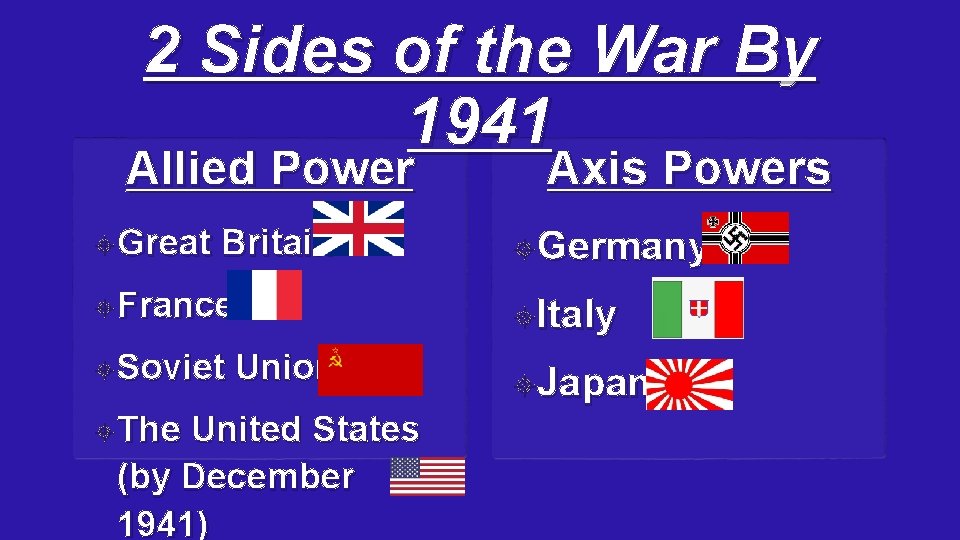 2 Sides of the War By 1941 Allied Power Great Britain France Soviet The