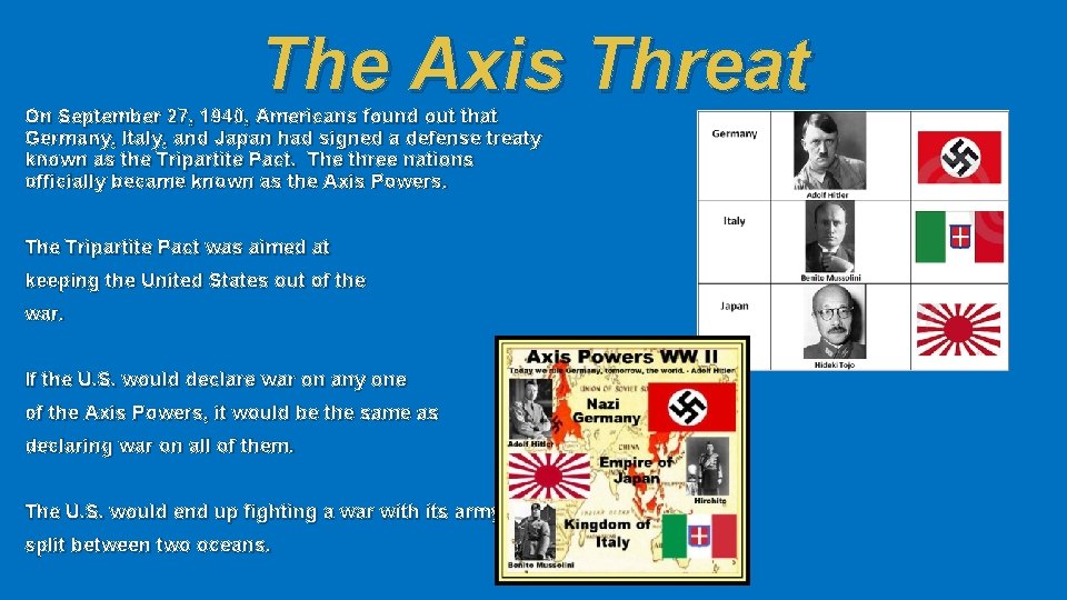 The Axis Threat On September 27, 1940, Americans found out that Germany, Italy, and