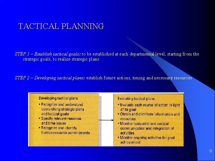 TACTICAL PLANNING STEP 1 – Establish tactical goals: to be established at each departmental