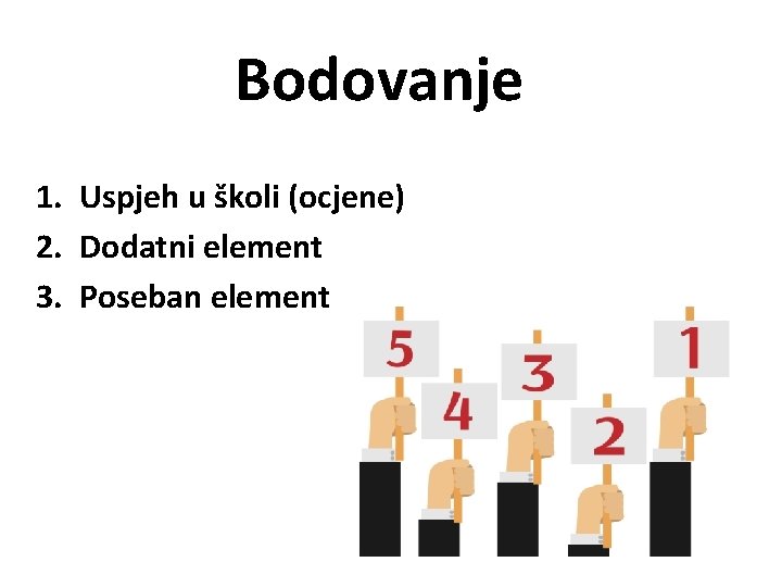 Bodovanje 1. Uspjeh u školi (ocjene) 2. Dodatni element 3. Poseban element 