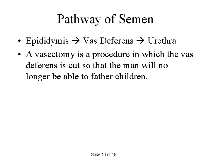 Pathway of Semen • Epididymis Vas Deferens Urethra • A vasectomy is a procedure
