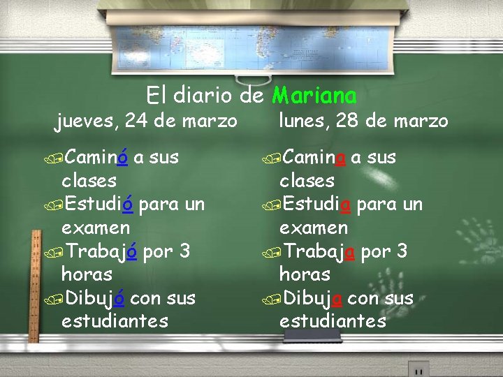 El diario de Mariana jueves, 24 de marzo /Caminó a sus clases /Estudió para