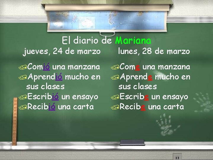 El diario de Mariana jueves, 24 de marzo /Comió una manzana /Aprendió mucho en