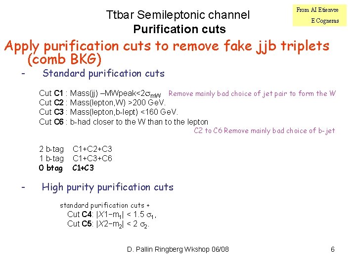 Ttbar Semileptonic channel Purification cuts From AI Etienvre E Cogneras Apply purification cuts to