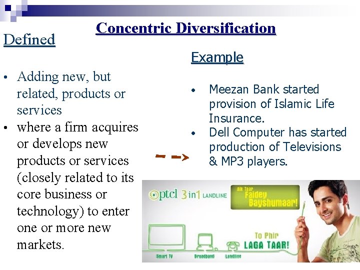 Defined Concentric Diversification Adding new, but related, products or services • where a firm