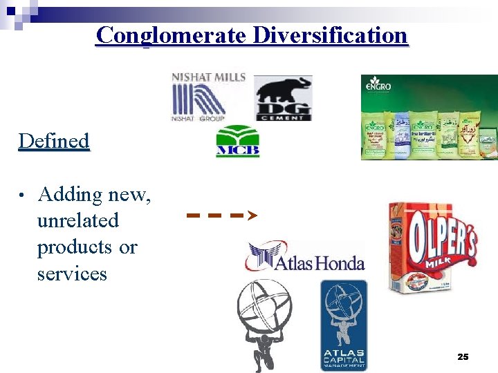 Conglomerate Diversification Defined • Adding new, unrelated products or services 25 