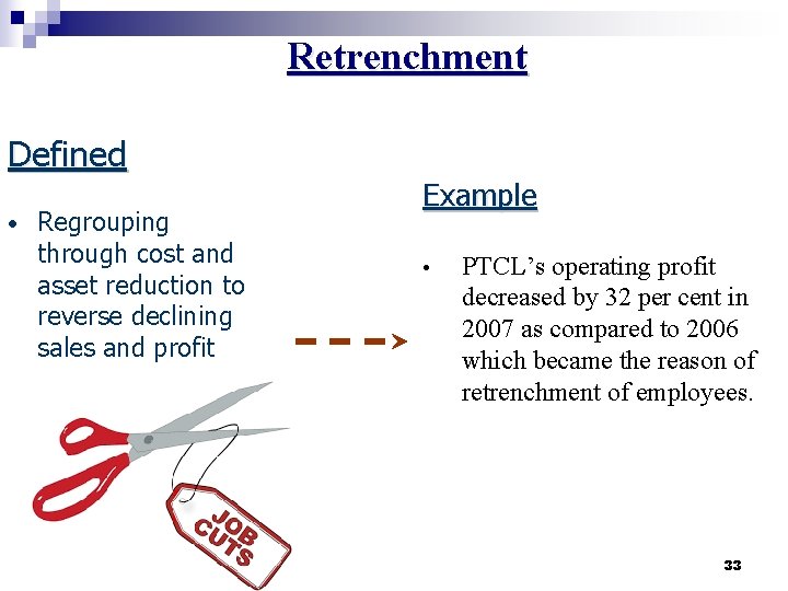Retrenchment Defined • Regrouping through cost and asset reduction to reverse declining sales and