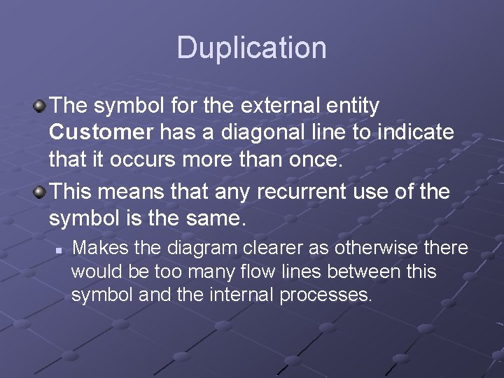 Duplication The symbol for the external entity Customer has a diagonal line to indicate