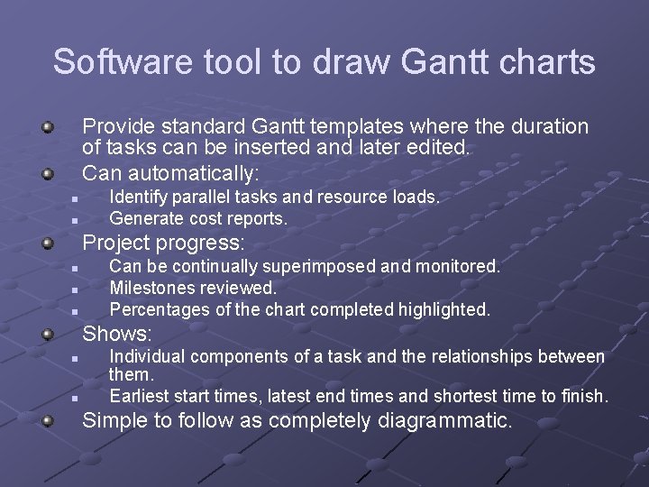 Software tool to draw Gantt charts Provide standard Gantt templates where the duration of