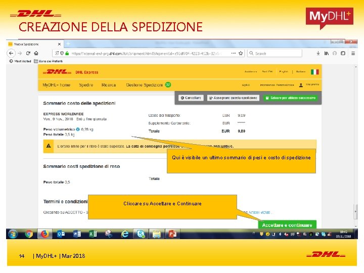 CREAZIONE DELLA SPEDIZIONE Qui è visibile un ultimo sommario di pesi e costo di CREAZIONE DELLA SPEDIZIONE Qui è visibile un ultimo sommario di pesi e costo di