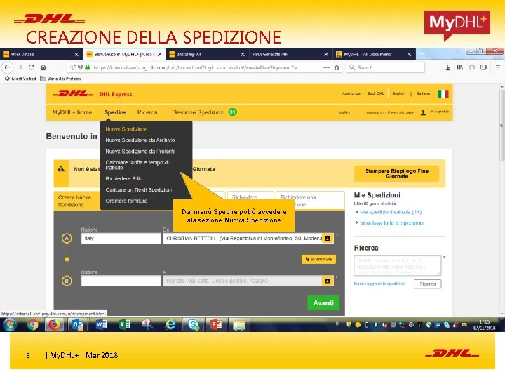 CREAZIONE DELLA SPEDIZIONE Loggarsi con indirizzo mail e password Dal menù Spedire potrò accedere CREAZIONE DELLA SPEDIZIONE Loggarsi con indirizzo mail e password Dal menù Spedire potrò accedere