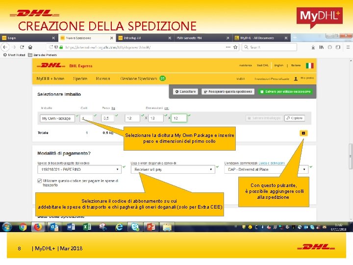 CREAZIONE DELLA SPEDIZIONE Selezionare la dicitura My Own Package e inserire peso e dimensioni CREAZIONE DELLA SPEDIZIONE Selezionare la dicitura My Own Package e inserire peso e dimensioni
