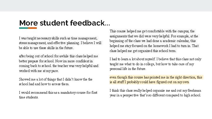More student feedback. . . I was taught necessary skills such as time management, More student feedback. . . I was taught necessary skills such as time management,