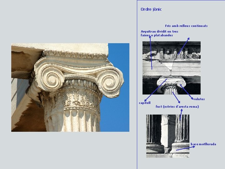 Ordre jònic Fris amb relleus continuats Arquitrau dividit en tres faixes o platabandes capitell