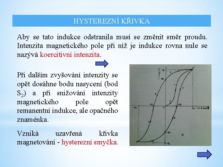 HYSTEREZNÍ KŘIVKA Aby se tato indukce odstranila musí se změnit směr proudu. Intenzita magnetického