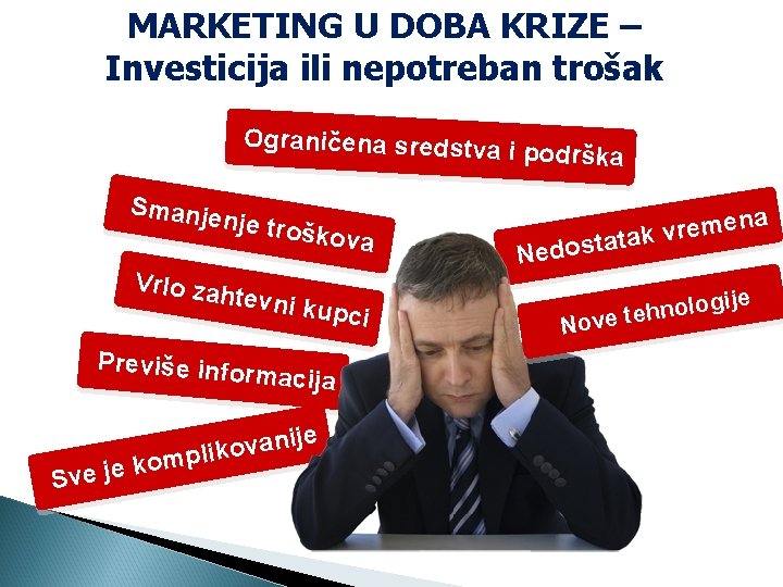 MARKETING U DOBA KRIZE – Investicija ili nepotreban trošak Ograničena sredstva Smanje troš Vrlo