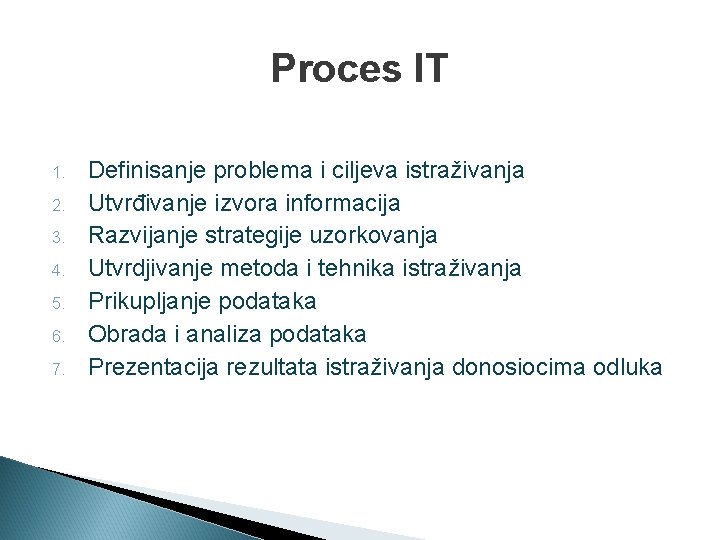 Proces IT 1. 2. 3. 4. 5. 6. 7. Definisanje problema i ciljeva istraživanja