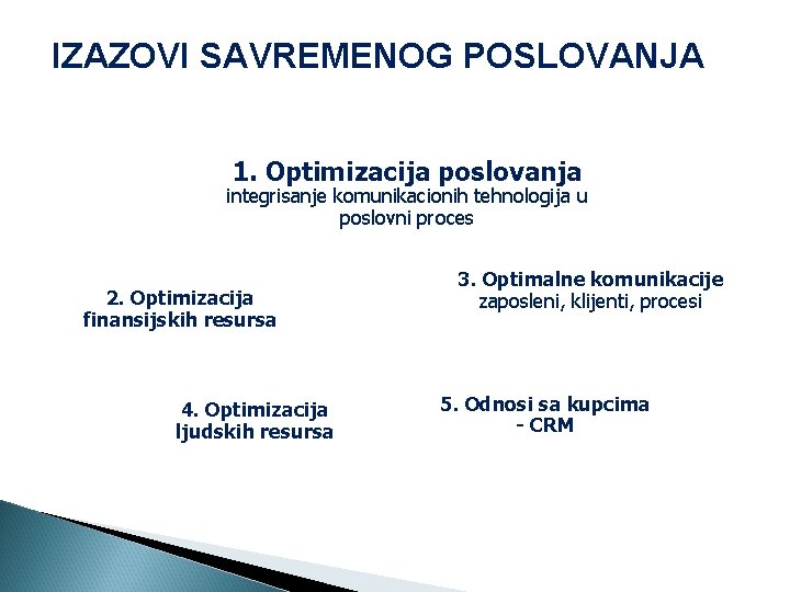 IZAZOVI SAVREMENOG POSLOVANJA 1. Optimizacija poslovanja integrisanje komunikacionih tehnologija u poslovni proces 2. Optimizacija