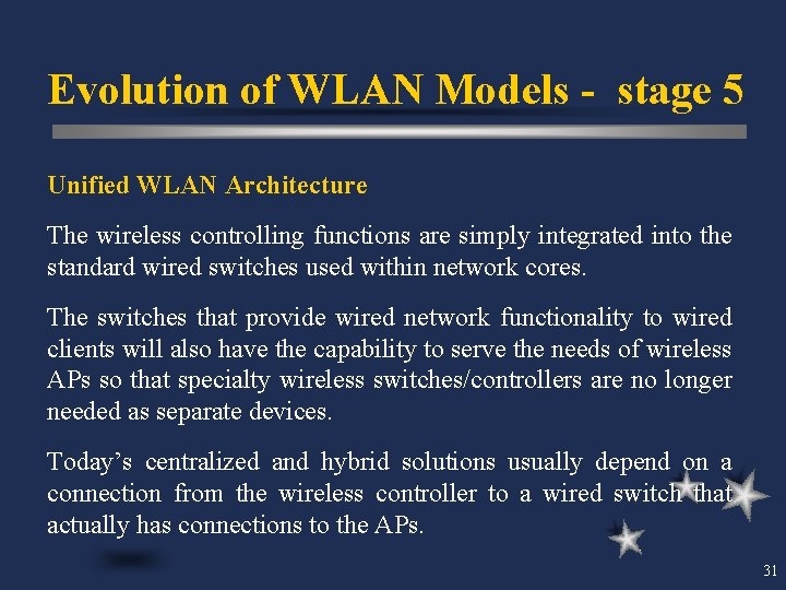 Evolution of WLAN Models - stage 5 Unified WLAN Architecture The wireless controlling functions