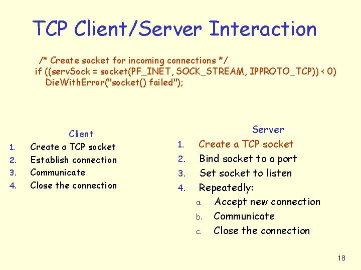 TCP Client/Server Interaction /* Create socket for incoming connections */ if ((serv. Sock =