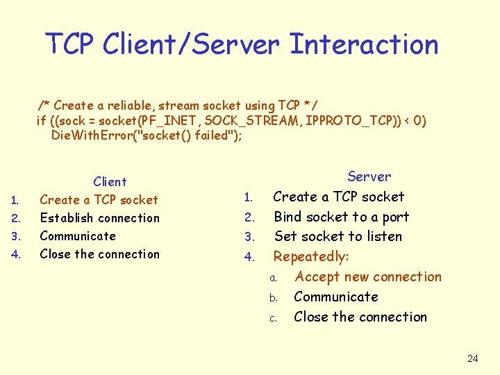 TCP Client/Server Interaction /* Create a reliable, stream socket using TCP */ if ((sock