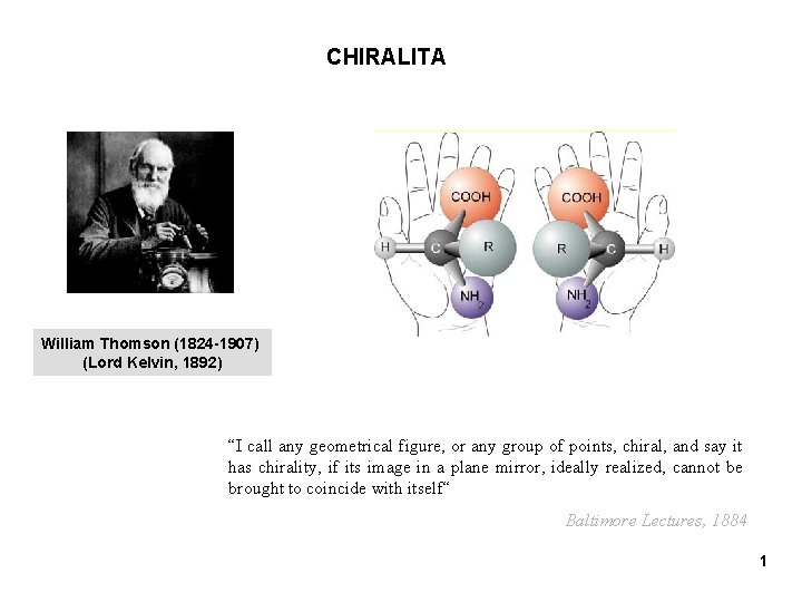 CHIRALITA William Thomson (1824 -1907) (Lord Kelvin, 1892) “I call any geometrical figure, or