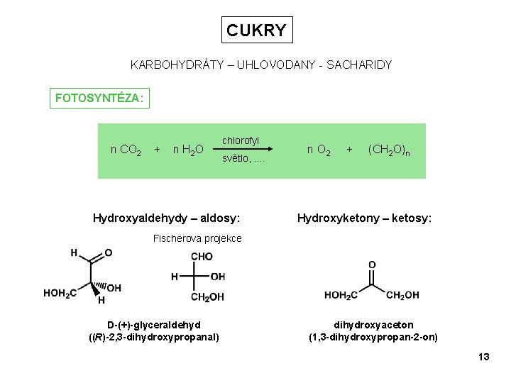 CUKRY KARBOHYDRÁTY – UHLOVODANY - SACHARIDY FOTOSYNTÉZA: n CO 2 + n H 2