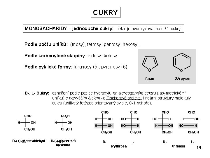 CUKRY MONOSACHARIDY – jednoduché cukry: nelze je hydrolyzovat na nižší cukry. Podle počtu uhlíků: