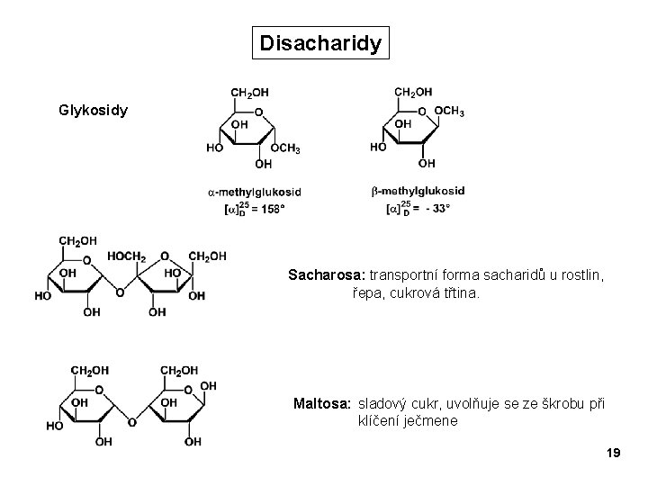 Disacharidy Glykosidy Sacharosa: transportní forma sacharidů u rostlin, řepa, cukrová třtina. Maltosa: sladový cukr,