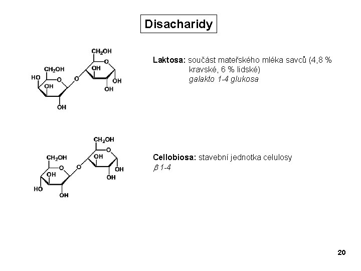 Disacharidy Laktosa: součást mateřského mléka savců (4, 8 % kravské, 6 % lidské) galakto