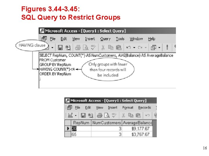 Figures 3. 44 -3. 45: SQL Query to Restrict Groups 16 