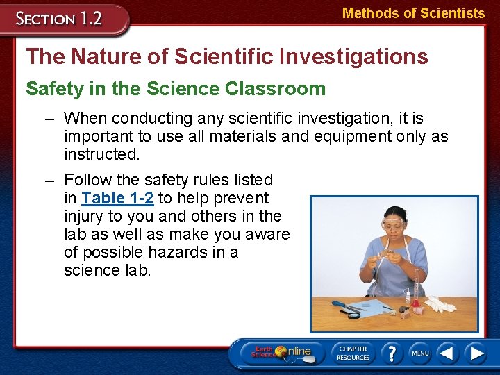 Methods of Scientists The Nature of Scientific Investigations Safety in the Science Classroom –