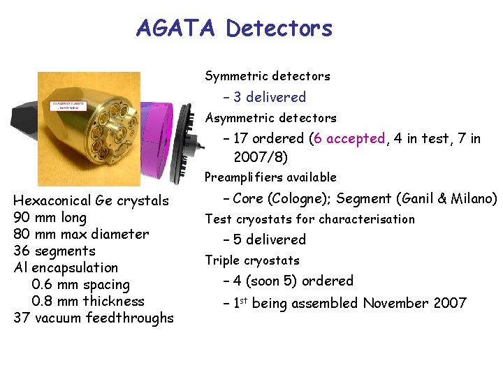 AGATA Detectors Symmetric detectors – 3 delivered Asymmetric detectors – 17 ordered (6 accepted,